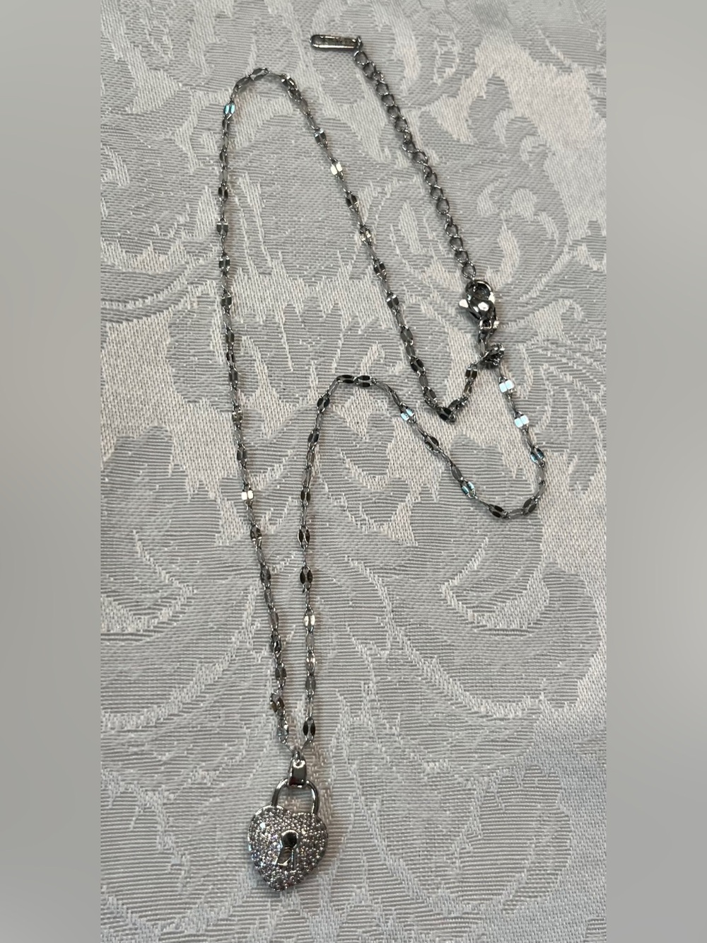 Crystal Padlock Heart Pendant Necklace Silver Tone with Filigree Back
